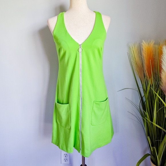 Amanda Uprichard Neon Green Zip Front Stretch Knit Mini Tank Dress Size Small - Picture 1 of 8